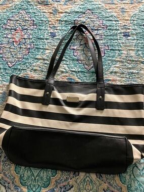Nine West Black and Cream Striped Shoulder Tote